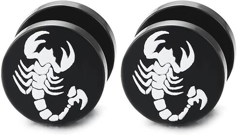 Black Circle White Scorpion Screw Stud Earrings for Men, Steel Fake Ear Plugs Gauges Tunnel in Saudi Arabia
