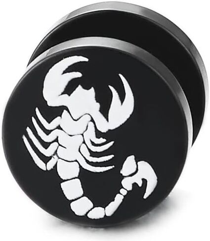 Black Circle White Scorpion Screw Stud Earrings for Men, Steel Fake Ear Plugs Gauges Tunnel in Saudi Arabia