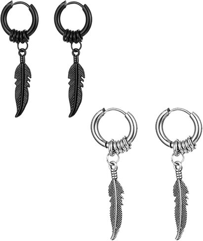 316 Punk Stainless Steel Huggie Hoop Dangle Earrings 14mm Hip Hop Drop Earring Vintage Six-pointed Star Feather Triangles Jewelry for Women Girls Men Teens Boy in Saudi Arabia