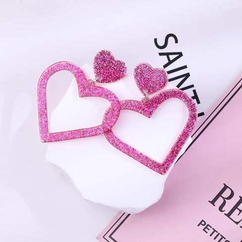 Pink Heart Earrings, Valentine's Day Earrings, Big Heart Dangle Earrings Acrylic Love Heart Earrings for Her, Girlfriend, Wife, Anniversary Christmas Gift in Saudi Arabia