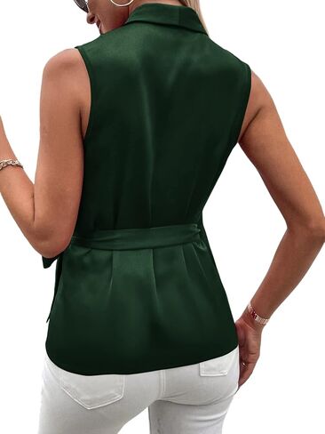 LYANER Women's Satin Silk Sleeveless Wrap V Neck Tie Waist Elegant Cami Tank Blouse in Saudi Arabia