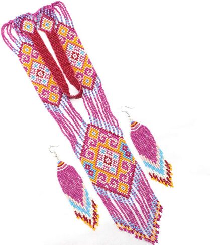 Lavivia Handmade Long Beaded Necklace & Earrings Set. Inspired by Native American Necklace. Seed Beads Necklace with Earrings, One of a Kind beaded Necklace for Women, Perfect for Occasions, Gifts in Saudi Arabia