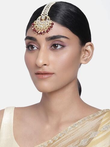 I Jewels 18k Gold Plated Indian Wedding Bollywood Kundan Pearl Chandbali Bridal Stylish Maang Tikka for Women (T2060) in Saudi Arabia