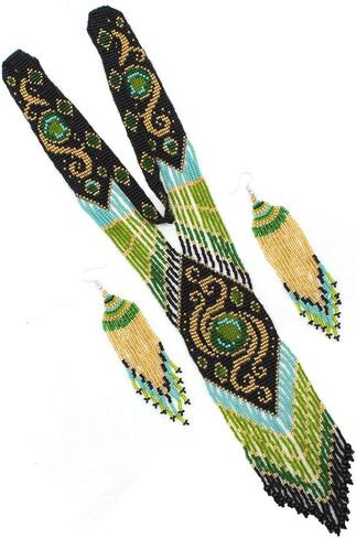 Lavivia Handmade Long Beaded Necklace & Earrings Set. Inspired by Native American Necklace. Seed Beads Necklace with Earrings, One of a Kind beaded Necklace for Women, Perfect for Occasions, Gifts in Saudi Arabia