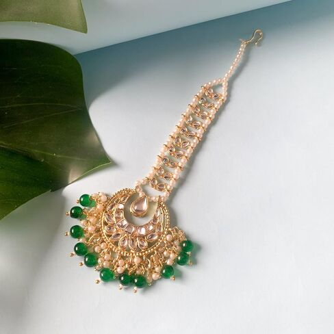 I Jewels 18k Gold Plated Indian Wedding Bollywood Kundan Pearl Chandbali Bridal Stylish Maang Tikka for Women (T2060) in Saudi Arabia