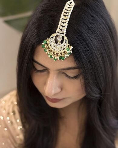 I Jewels 18k Gold Plated Indian Wedding Bollywood Kundan Pearl Chandbali Bridal Stylish Maang Tikka for Women (T2060) in Saudi Arabia