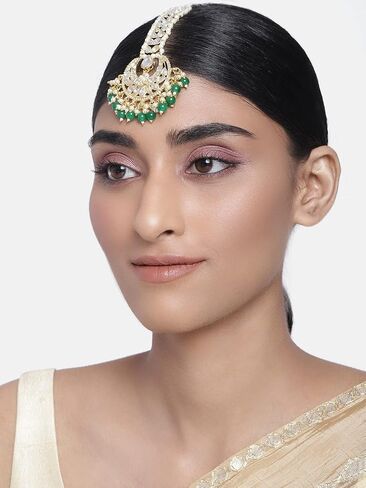 I Jewels 18k Gold Plated Indian Wedding Bollywood Kundan Pearl Chandbali Bridal Stylish Maang Tikka for Women (T2060) in Saudi Arabia