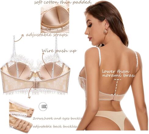 حمالة صدر دانتيل زهرية مبطنة بدون ظهر وحمالة صدر عميقة على شكل حرف V منخفضة الظهر للنساء in Kuwait