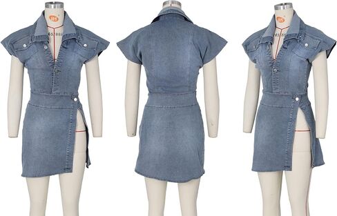 Recious إمرأة مثير 2 قطعة الدنيم زر قمصان بلايز جاكيتات Bodycon سبليت التنانير حفلة كلوبوير فستان وتتسابق مجموعة in Kuwait