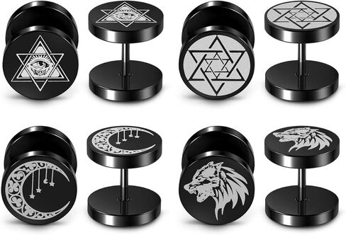 بيرسنج ج 4 أزواج الأسود وهمية المقاييس الأقراط السداسية الذئب القمر كل رؤية العين مسمار أقراط الرجال النساء الفولاذ المقاوم للصدأ الغش وهمية الأذن المقابس المقاييس الوهم نفق in Kuwait