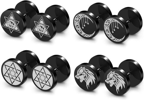 بيرسنج ج 4 أزواج الأسود وهمية المقاييس الأقراط السداسية الذئب القمر كل رؤية العين مسمار أقراط الرجال النساء الفولاذ المقاوم للصدأ الغش وهمية الأذن المقابس المقاييس الوهم نفق in Kuwait