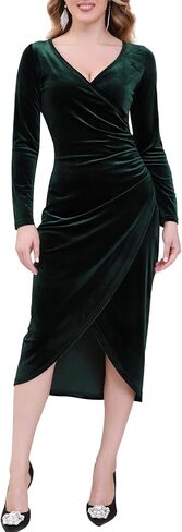 Women's Velvet Dress Long Sleeve Wrap V-Neck Elegant Cocktail Party Spring Midi Dress for Wedding Guest in Saudi Arabia
