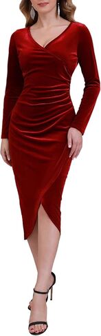Women's Velvet Dress Long Sleeve Wrap V-Neck Elegant Cocktail Party Spring Midi Dress for Wedding Guest in Saudi Arabia