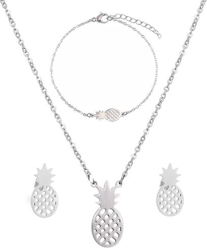 SKQIR قلادة الأناناس، مجموعات مجوهرات نسائية صغيرة مصنوعة يدويًا من الفولاذ المقاوم للصدأ على شكل أناناس (أقراط + أساور + مجموعة مجوهرات قلادات) in Kuwait