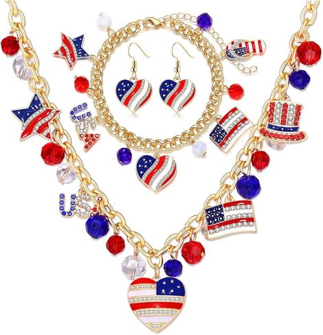 boderier 4th of July Jewelry Set American Flag Charm Choker Necklace Bracelets Heart Dangle Earrings Patriotic Jewelry for Women Memorial Independence Day Gifts, alloy, not know in Kuwait