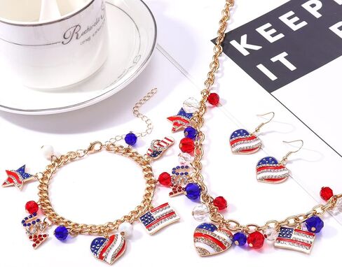 boderier 4th of July Jewelry Set American Flag Charm Choker Necklace Bracelets Heart Dangle Earrings Patriotic Jewelry for Women Memorial Independence Day Gifts, alloy, not know in Kuwait