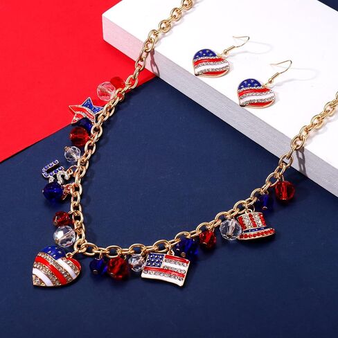 boderier 4th of July Jewelry Set American Flag Charm Choker Necklace Bracelets Heart Dangle Earrings Patriotic Jewelry for Women Memorial Independence Day Gifts, alloy, not know in Kuwait