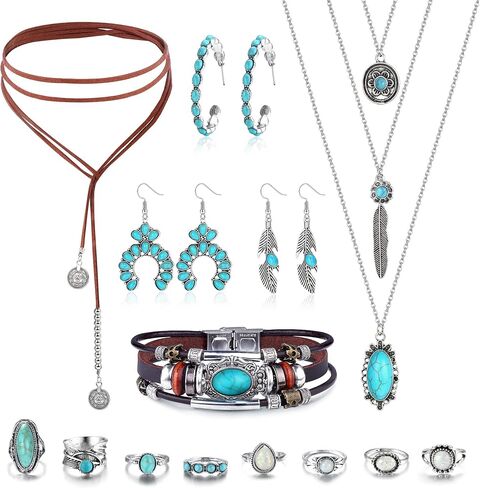 Jstyle Western Jewelry for Women Vintage Bohemian Turquoise Pendant Necklace, Long Chorker Necklace, Turquoise Drop Dangle Earrings,Multi-Layer Wraps Bracelet, Turquoise Rings Set for Women Girls Boho Jewelry Set in Saudi Arabia