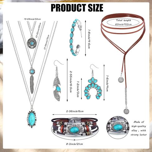 Jstyle Western Jewelry for Women Vintage Bohemian Turquoise Pendant Necklace, Long Chorker Necklace, Turquoise Drop Dangle Earrings,Multi-Layer Wraps Bracelet, Turquoise Rings Set for Women Girls Boho Jewelry Set in Saudi Arabia