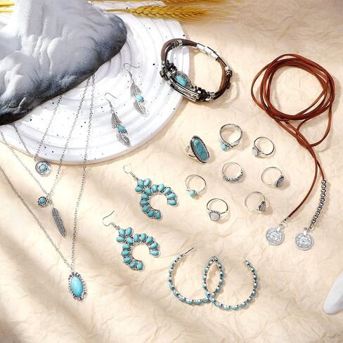Jstyle Western Jewelry for Women Vintage Bohemian Turquoise Pendant Necklace, Long Chorker Necklace, Turquoise Drop Dangle Earrings,Multi-Layer Wraps Bracelet, Turquoise Rings Set for Women Girls Boho Jewelry Set in Saudi Arabia