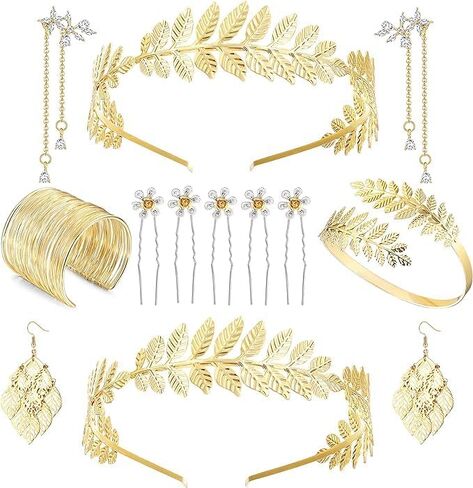 FINREZIO Greek Goddess Costume Accessories Set for Women Leaf Headband Armband Bracelet Golden Laurel Leaves Crown Artificial Dangle Earrings Bridal Wedding Headpiece Party Toga Jewelry in Kuwait