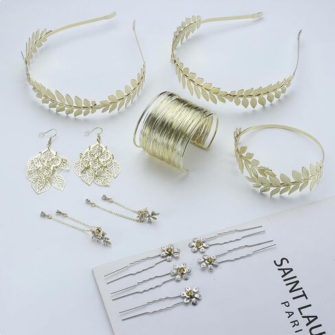 FINREZIO Greek Goddess Costume Accessories Set for Women Leaf Headband Armband Bracelet Golden Laurel Leaves Crown Artificial Dangle Earrings Bridal Wedding Headpiece Party Toga Jewelry in Kuwait