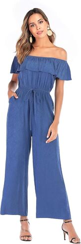 Xinying Womens Casual Denim Jumpsuit Off Shoulder Ruffle Drawstring Wide Leg Loose Fits Long Pants Romper in Saudi Arabia
