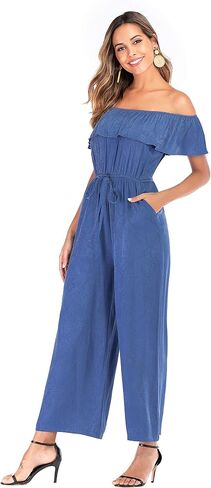 Xinying Womens Casual Denim Jumpsuit Off Shoulder Ruffle Drawstring Wide Leg Loose Fits Long Pants Romper in Saudi Arabia