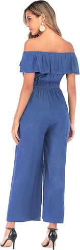 Xinying Womens Casual Denim Jumpsuit Off Shoulder Ruffle Drawstring Wide Leg Loose Fits Long Pants Romper in Saudi Arabia