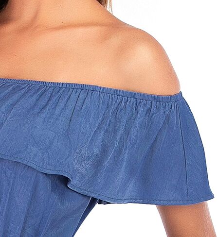 Xinying Womens Casual Denim Jumpsuit Off Shoulder Ruffle Drawstring Wide Leg Loose Fits Long Pants Romper in Saudi Arabia