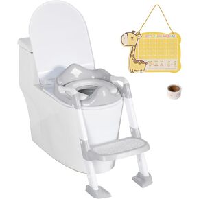 Potty Training Seat with Step Stool Ladder, Potty Toilet Toddler Seat w/Potty Training Chart & Cushion Handle, Kids Potty Training Toilet Chair for Girls Boys w/Non-Slip Pads Wide Step