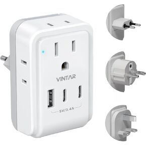 VINTAR Universal Travel Adapter Kit, International Power Adapter with 4 AC & 3 USB Ports(2 USB C), Type A,B,C,E/F,G,I, Swap Adapt Attachments, Travel Adapter Worldwide for Europe/UK/Aus/Japan/Africa