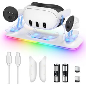 Charging Dock for Meta Quest 3, YUANHOT Fast Charging Station with Colorful RGB Light for Oculus Quest 3, Magnetic Charging Stand Accessories for Headset and Controller with 2 Rechargeable Batteries