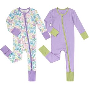 Teach Leanbh Unisex Baby 2 Pack Bamboo Viscose Pajamas with Mittens and Feet Cuffs 2 Way Zipper Long Sleeve Romper