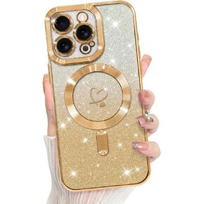 Bonoma Compatible with iPhone 16 Pro Max Case Support for MagSafe, Plating Heart Glitter Magnetic Case 2* Screen Protector TPU Camera Protection Back Cover for Phone Case -Gold