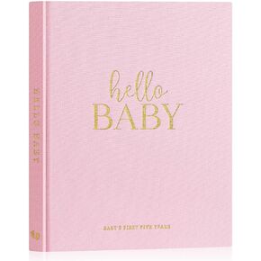 Lanpn Hello Baby First 5 Year Memory Book for Boy Girl - Linen Hardcover Baby Book Keepsake for New Parents - Newborn Baby Journal Scrapbook Photo Album Baby Milestone Book (Sage Green, 154 Pages)