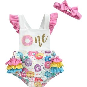 SAYOO Baby Girl Birthday Romper Ruffle Sleeve Letter One Print Ice Cream/Donut Bodysuit with Tutu Skirt Cake Smash Sunsuit in Saudi Arabia