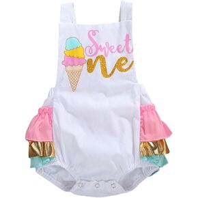Baby Girl Birthday Romper Ruffle Sleeve Letter One Print Ice Cream/Donut Bodysuit With Tutu Skirt Cake Smash Sunsuit