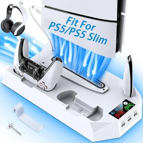 PS5&PS5 Slim Vertical Stand Cooling Station. Designed for PS5/PS5 Slim Disc/Digital Edition. PlayStation5 Cooling Station with Dual Controller Charger, 3 Levels Cooling Fan, 3 USB Hubs,Headset Holder