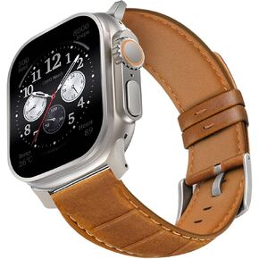 أحزمة جلدية مصممة لساعة Apple Watch Ultra/Ultra 2 Band 49mm 45mm 44mm 42mm للرجال، حزام بديل من الجلد الطبيعي لساعة iWatch Ultra SE2 SE Series 9 8 7 6 5 4 3 2 1، بني/تيتانيوم in Kuwait