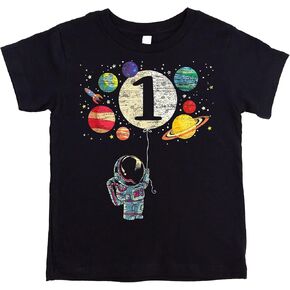 Olive Loves Apple 1st Birthday Rocket Astronaut Themed T-Shirts with Moon Balloon and Planets for Boys and Girls