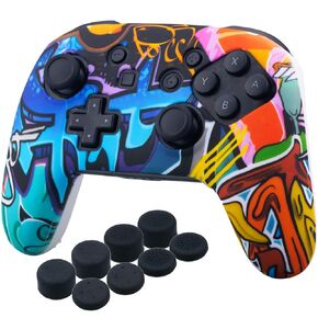 YoRHa Studded Silicone Transfer Print Cover Skin Case ONLY for Nitendo Official Switch Pro Controller x 1(Comic Graffiti) with Pro Thumb Grips x 8
