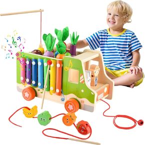 ASTARON 8 in 1 Montessori Wooden Toy Play Kits, Fine Motor Toys, Hammering Pounding Toys Fishing Game Xylophone Shape Sorter Harvest Game for Toddler Preschool Learning Educational Toys