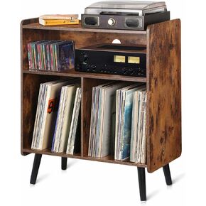 3-Tier Vintage Record Player Stand, Mid-Century Vinyl Record Storage Cabinet Table Holds up to 100 Albums, Large Wood Turntable Stand for Living Room, Office, Rustic Brown