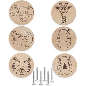 6PCS Natural Wooden Round Nursery Drawer Pulls Knobs for Baby Boys Girls Kids Room Furniture Jungle Animal Elephant Handles Dresser Knobs