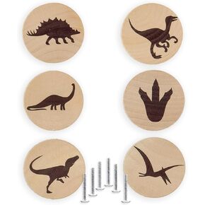 6PCS Round Natural Wood Nursery Dinosaur Door Handle Dresser Jungle Animal Baby Room Furniture Knobs for Drawers Kids Cabinets Pull