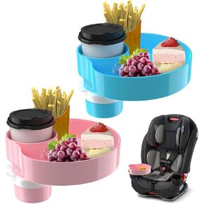 [2 Packs Blue+Pink] Kids Car Seat Tray, Toddler Travel Tray with Cup Holder for Toddler, Kids Car Seat Food Snack Tray for Road Trip, Stroller snack tray Toddler Travel Essential Must Haves-Pink+Blue