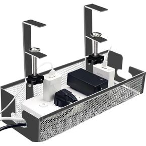 White Metal Mesh Under Desk Cable Management Tray - No Drill Under Desk Cord Wire Organizer, Under Table Cable Basket Desk Cord Hider for Office Gaming Computer Standing Desk