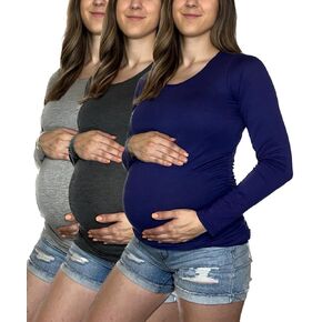 MISS POPULAR Womens 3 Pack Maternity Long Sleeve Shirts Assorted Styles and Colors Ruched Side Cozy Pregnancy Tops