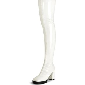 Platform Thigh High Boots Women GoGo Boots Square Toe Chunky Heels Patent Leather PU Over The Knee High Stretch Boots